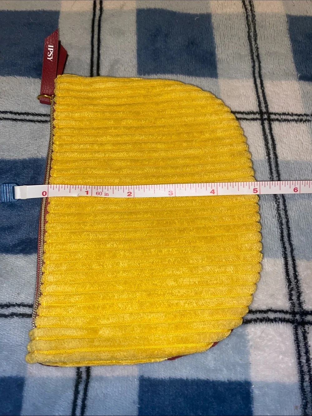 ipsy Yellow Corduroy Half Moon Cosmetic Pouch with Maroon Zip Tab